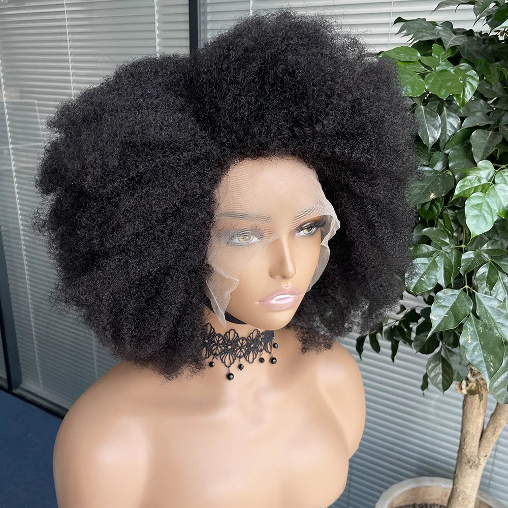 Afro Kinky Curly Lace Front Wig Natural Color Afro Bob Human Hair Natural Hairline 13X4X2 250% Density Short Human Hair Wigs