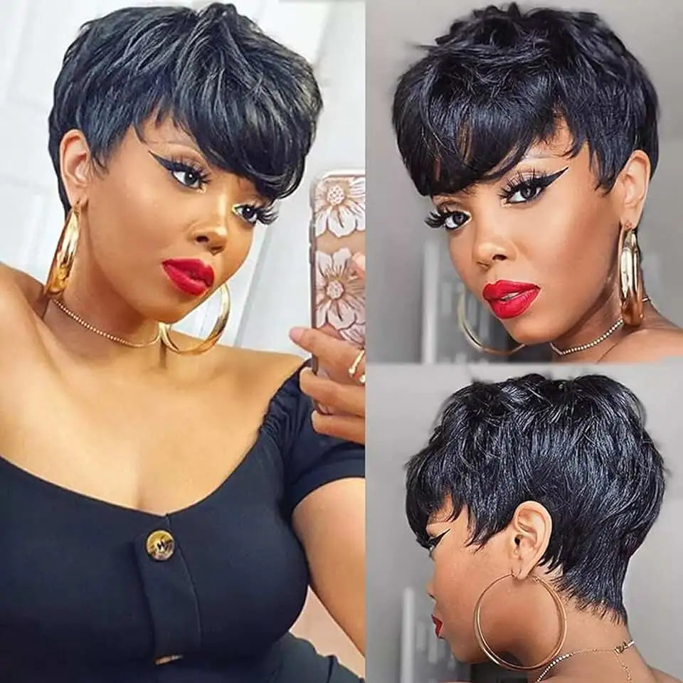 Pixie Cut 100% Full machine Human Hair Wig with Bangs for Women Short Layered Human Hair Brazilian Natural Black Hairs Cheap Wig