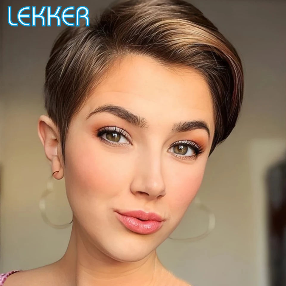 Lekker Highlight Gold Blonde Short Pixie Cut Human Hair Wigs For Women Glueless Brazilian Remy Hair Colored Full Machine Wigs