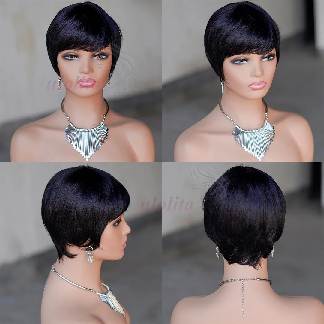 Short Straight Bob Wig Pixie Cut Wig Human Hair For Women With Bangs Brazilian Virgin Hair Non Lace front Cheap Wig Wholesale