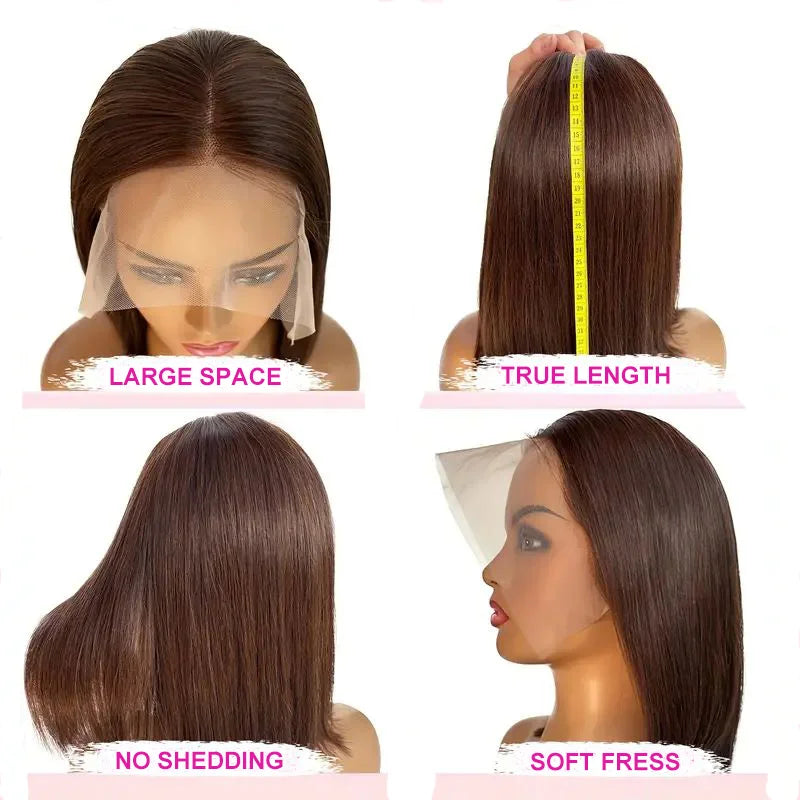 180% Color #4 Dark Brown Bob Wigs Straight 13x4 Lace Front Wig Free Part 8-16 Indian Human Hair Pre-plucked For Woman