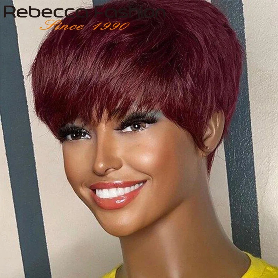 1B Pixie Short Cut Colored Straight Human Hair Wigs With Bangs Fringe Full Machine Made Wigs For Women Brazilian Natural Black