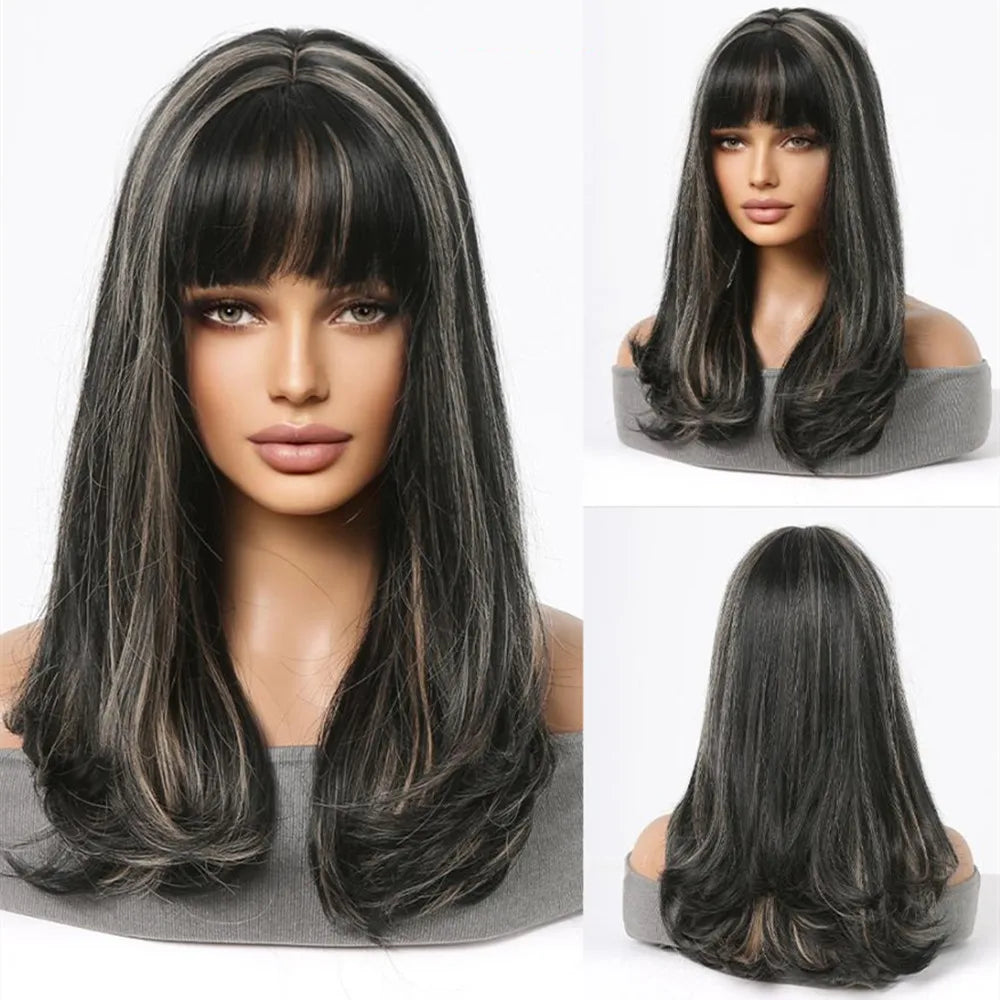 EASIHAIR Fashion Brown Blonde Highlight Synthetic Wigs Straight Hair with Bangs for Women Cosplay Daily Heat Resistant  Bob wig