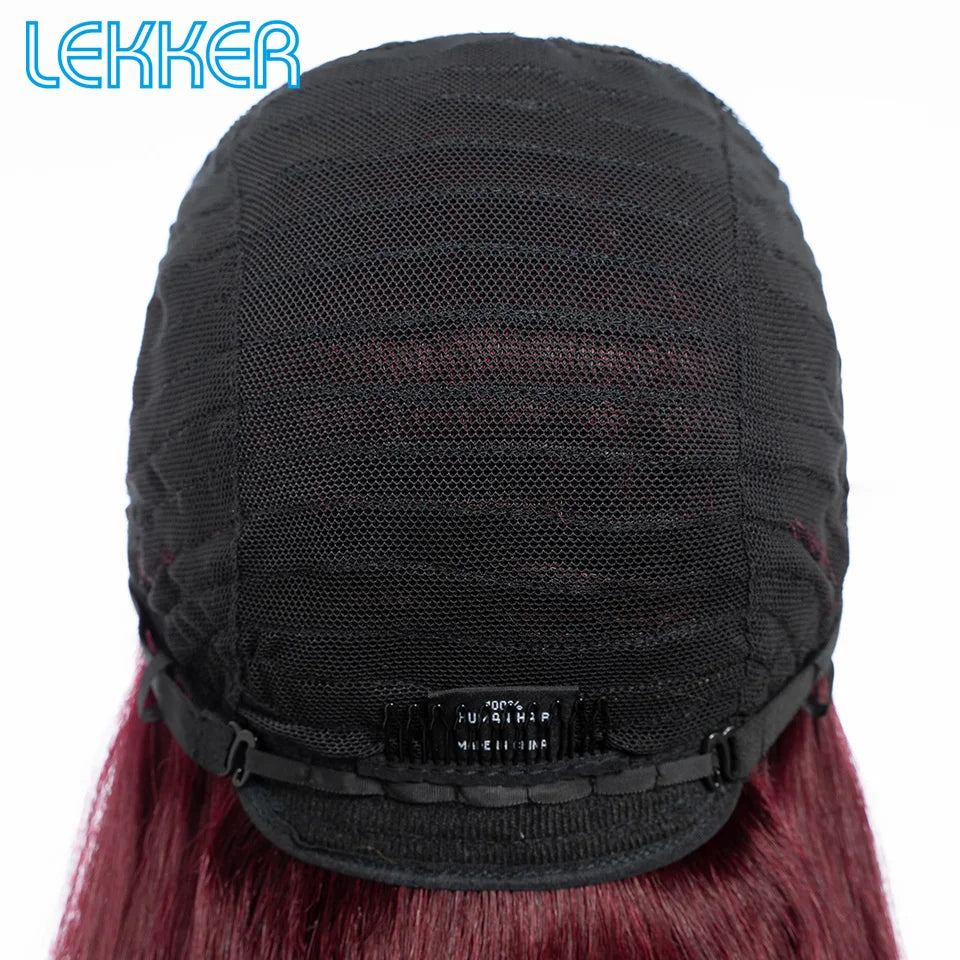 Lekker 99J Burg Red Bone Straight 100% Human Hair Wig With Bangs For Women Brazilian Remy Hair Colored Full Machine Made 22" Wig