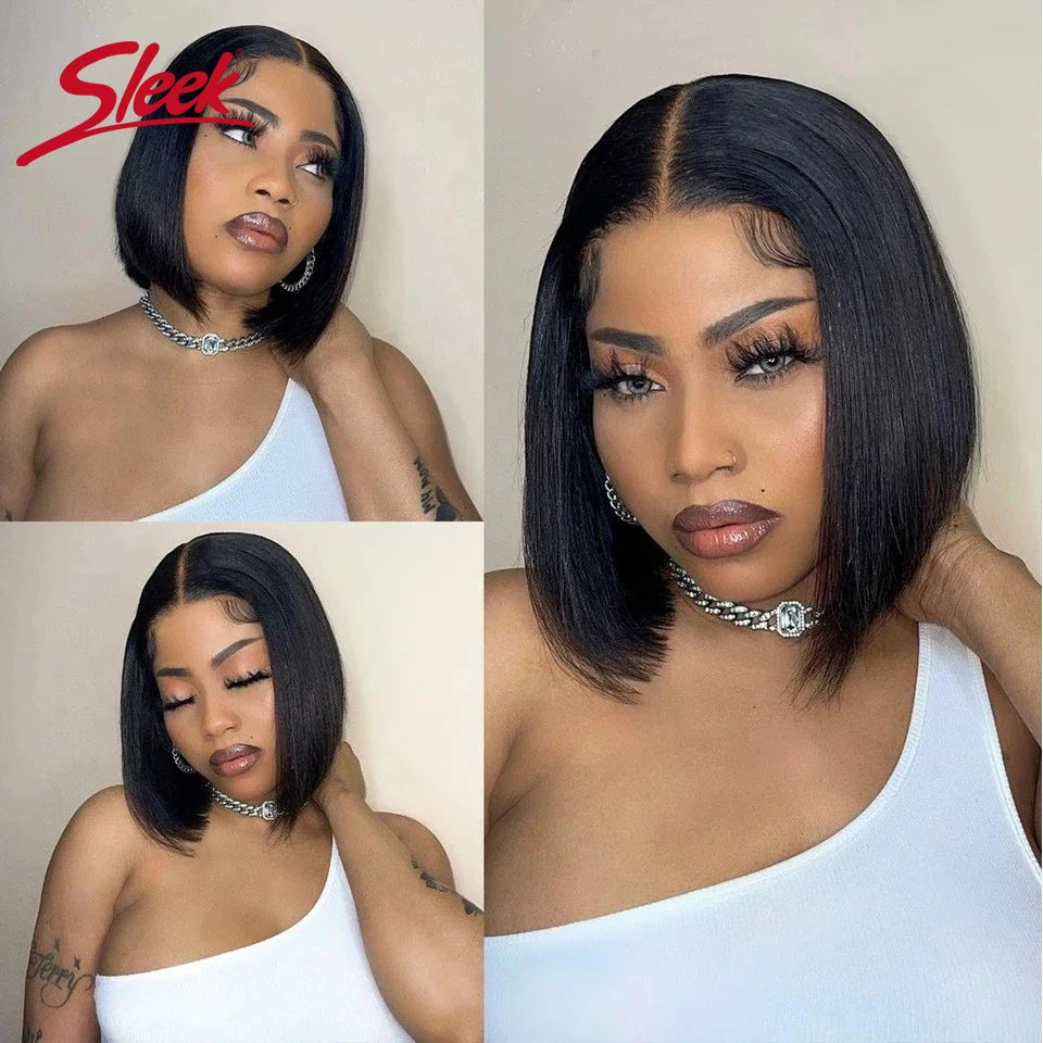 Sleek Remy Brazilian Straight Lace Bob Wigs Short Lace Part Human Hair Wigs 200% Density Cheap Nature Black Dark Human Hair Wigs