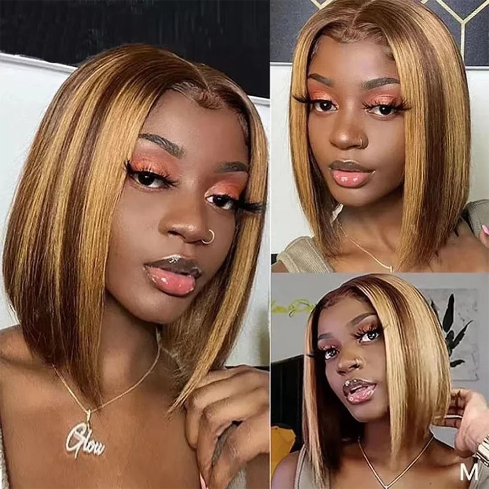 Highlight Wigs Human Hair Straight Bob Wig 4/27 Ombre 13x4 Lace Front Human Hair Wig 100% Remy Hair Pre Plucked Transparent Lace