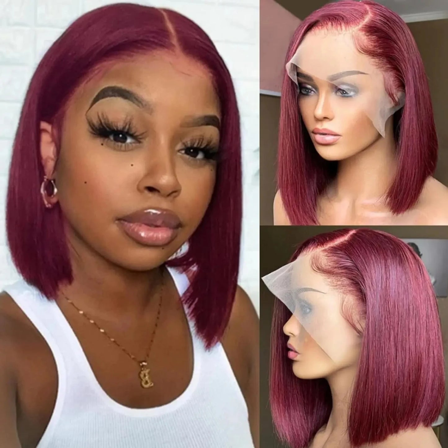 99J Burgundy 13x4 HD Transparent Lace Frontal Bob Wigs Short Straight Bob Wig Pre Plucked 200% Density Brazilian Human Hair Wigs