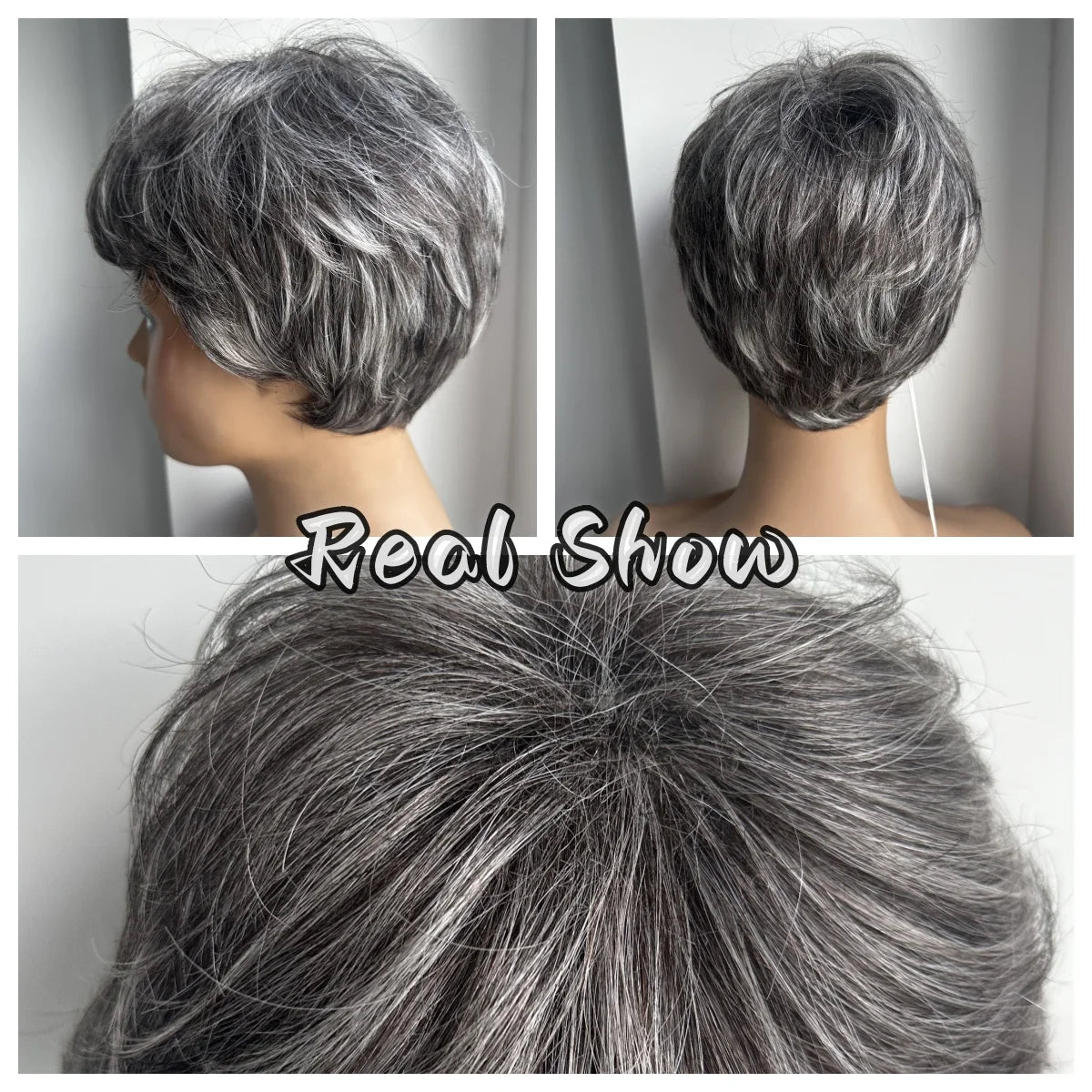 Short Pixie Cut Grey Human Hair Wig 8 Inch Layered Fashion Blend Human Hair Wig for Women Daily Use Hair Machine Made Cheap Wigs