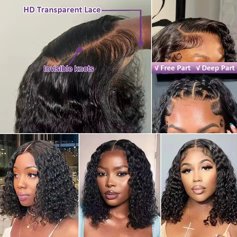 200% Transparent Curly Bob Wigs Deep Wave 13x4 Lace Frontal Human Hair Wigs 4x4 Lace Closure Front Short Bob Wigs For Women