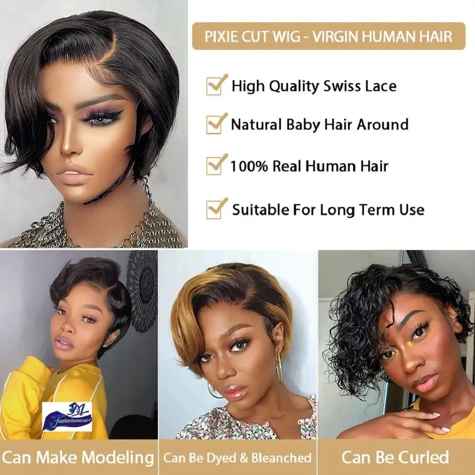 Straight Human Hair Wig 13x4x1 T Part Transparent Lace Wig Short Pixie Cut Wig Human Hair Wigs for Women 150% Density 6Inch