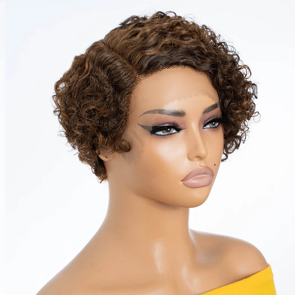 Natural Brown Hair Pixie Cut Wig Short Bob Curly Human Hair Wig 13x1 Lace Front Transparent Deep Curly Hair Lace Wig Preplucked