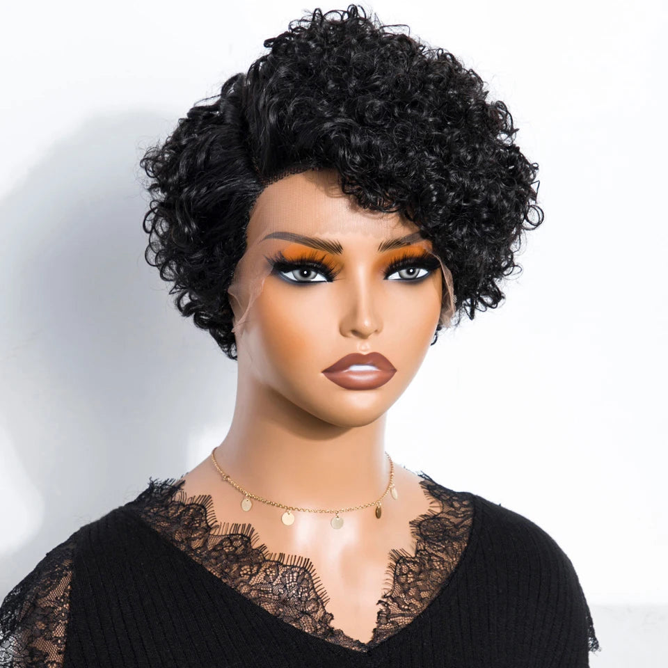 Natural Brown Hair Pixie Cut Wig Short Bob Curly Human Hair Wig 13x1 Lace Front Transparent Deep Curly Hair Lace Wig Preplucked