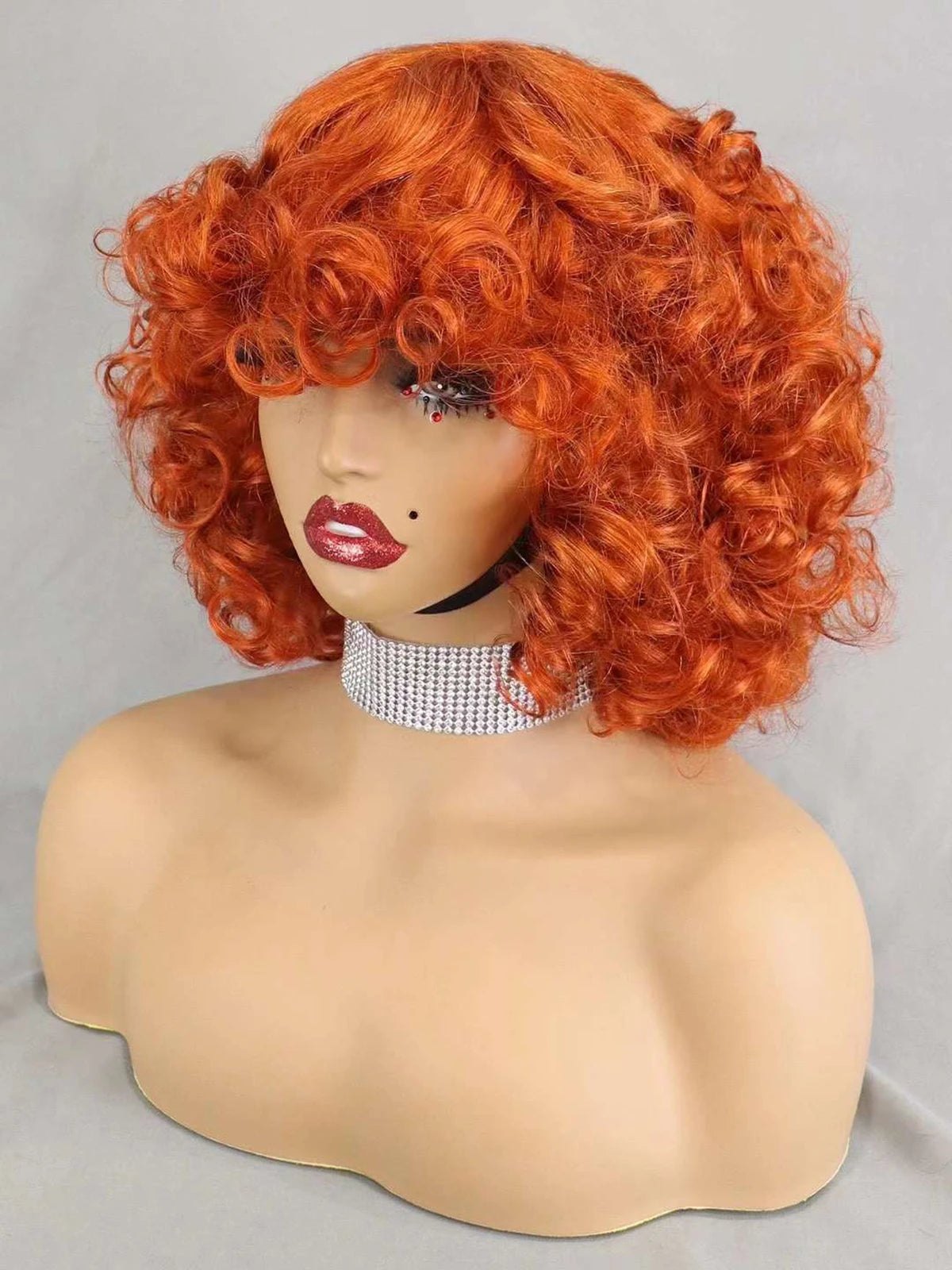 200% Density 99J# Burgundy Bouncy Curly Human Hair Wigs with Bangs Short Machine Made Loose Curly Bob Wigs PrePlucked for Women