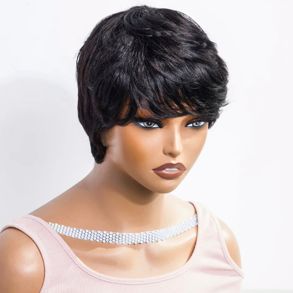 Sleek Short Pixie Cut Human Hair Wigs For Women 100% Real Brazilian Hair Wigs Natural Black Short Straight Woman Wigs