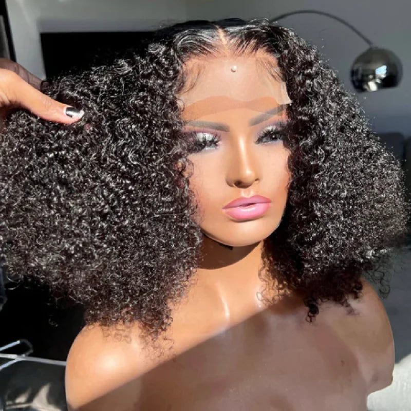 Black PrePlucked Short Bob Soft 16 inch 180 Density Kinky Curly Lace Front Wigs For African Women Babyhair Deep Glueless Daily