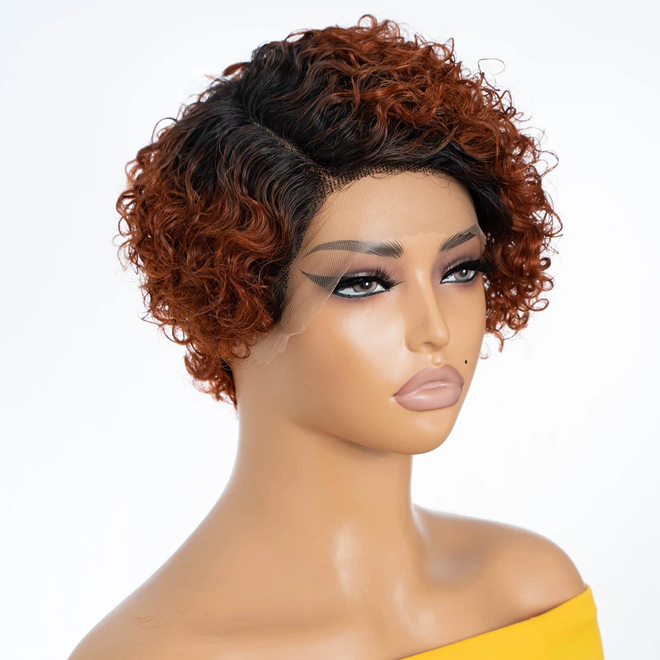 Natural Brown Hair Pixie Cut Wig Short Bob Curly Human Hair Wig 13x1 Lace Front Transparent Deep Curly Hair Lace Wig Preplucked