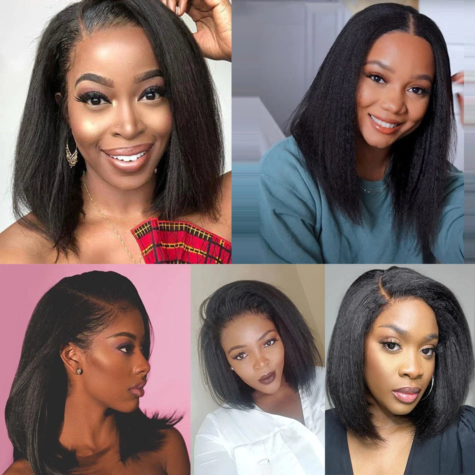 Ready To Wear Glueless 13X4 Kinky Straight Frontal Wigs 100% Human Hair Bob Brazilian Hair Yaki Straight Wigs For Women On Sale