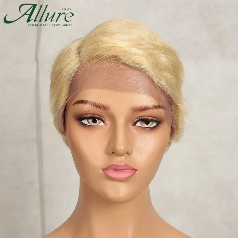 Short Pixie Cut Human Hair Wigs Natural Black Colored Hair T Part Lace Wig Brazilian Cheap Blonde 613 Ombre Remy Hair Wig Allure