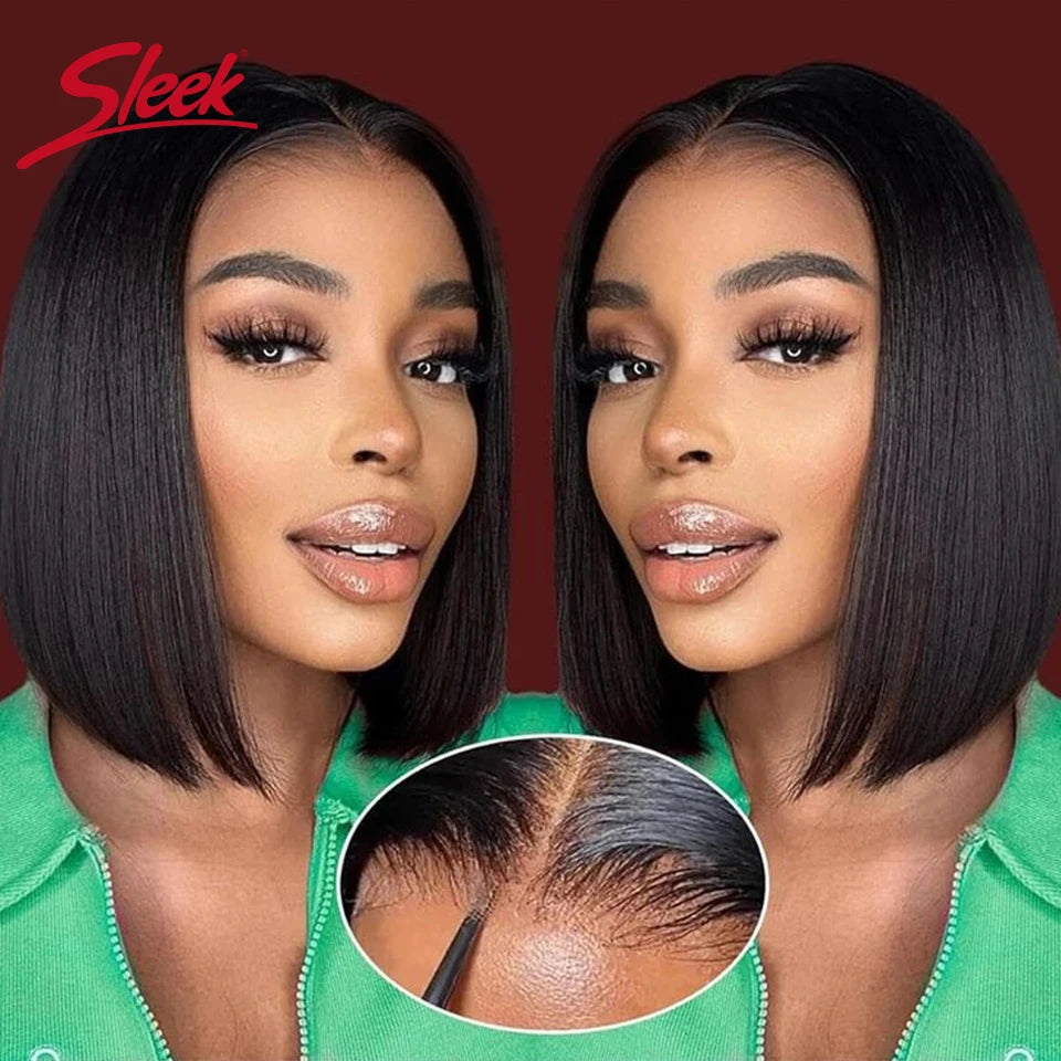 Sleek Remy Brazilian Straight Lace Bob Wigs Short Lace Part Human Hair Wigs 200% Density Cheap Nature Black Dark Human Hair Wigs