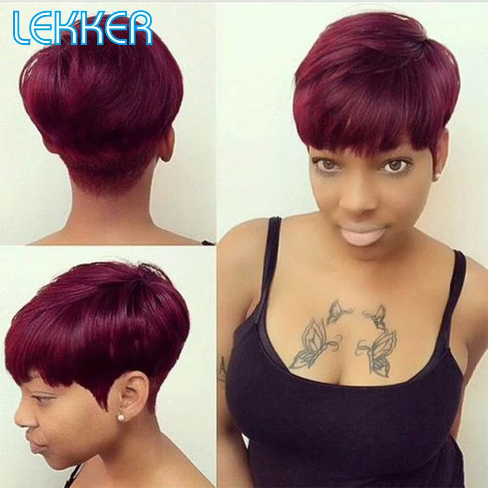 Lekker 99J Burg Red Short Pixie Cut Human Hair Wigs With Bangs For Women Brazilian Remy Hair Colored Straight Bob Full Machine