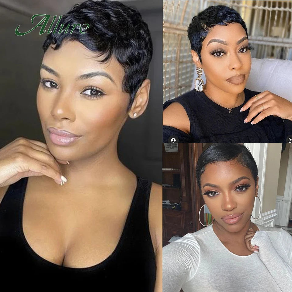 Short Pixie Cut Human Hair Wigs Natural Black Colored Hair T Part Lace Wig Brazilian Cheap Blonde 613 Ombre Remy Hair Wig Allure