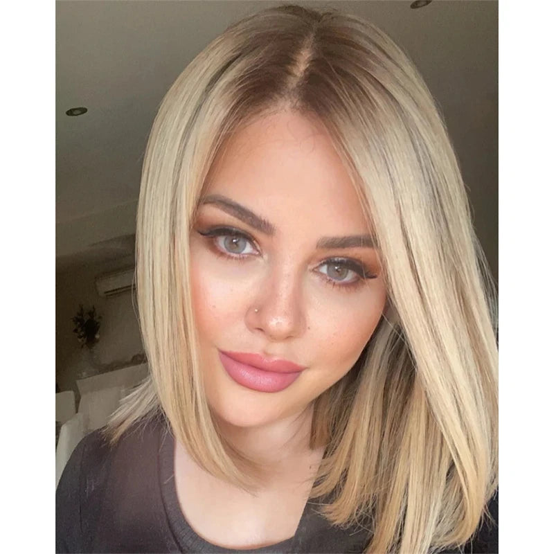 Short Straight Bob HD Lace Wigs Virgin Human Hair Wig Medium Ash Blonde Highlights HD Lace Wig Rooted 13x4 Lace Front Wig 150%