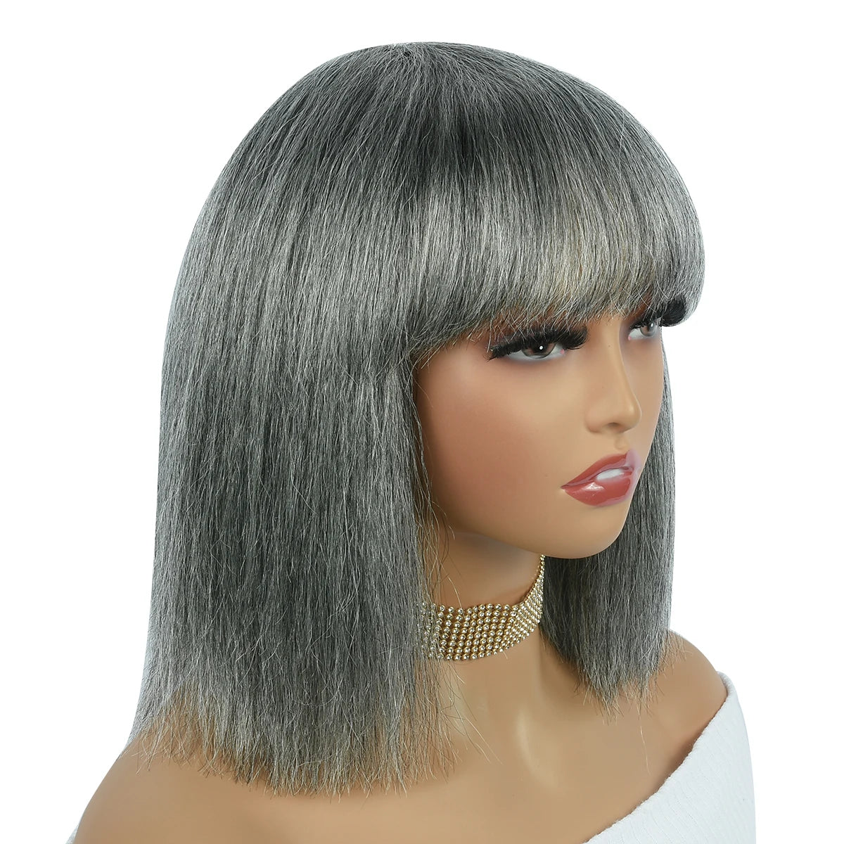 Mixed Gray Straight Human Hair Wigs Full Machine Made Wigs For Woman Grey With Bangs