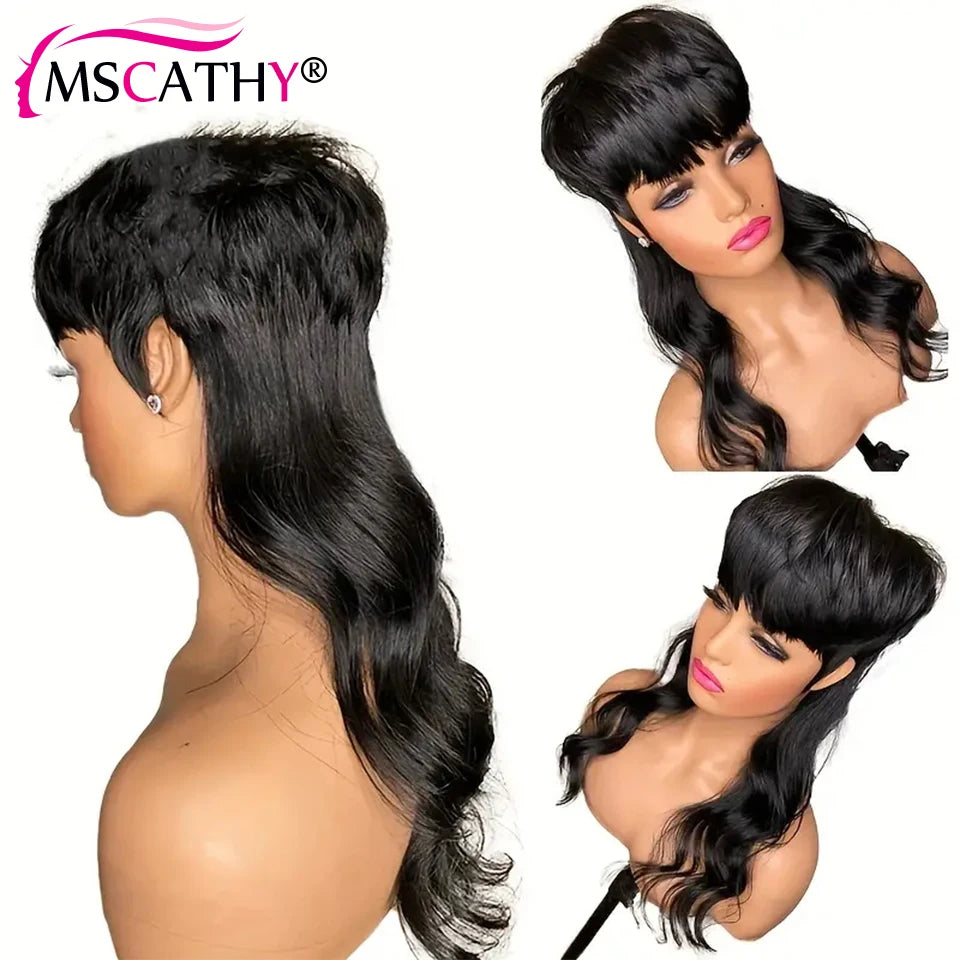 Full Machine Made Dovetail Human Hair Wigs Body Wave Short Pixie Cut Wig With Bangs Glueless Brazilian Remy Hair Wigs For Women