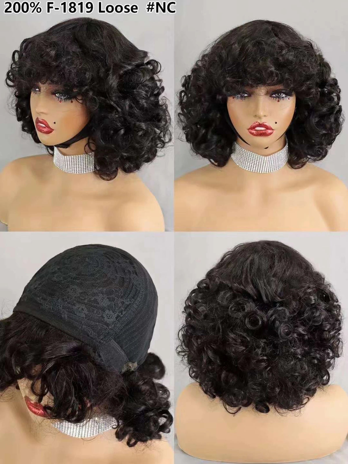 200% Density Brazilian Remy Human Hair Wigs Natural Loose Wave Machine Made Short Bob Wigs Curly Wigs With Bangs For Black Women