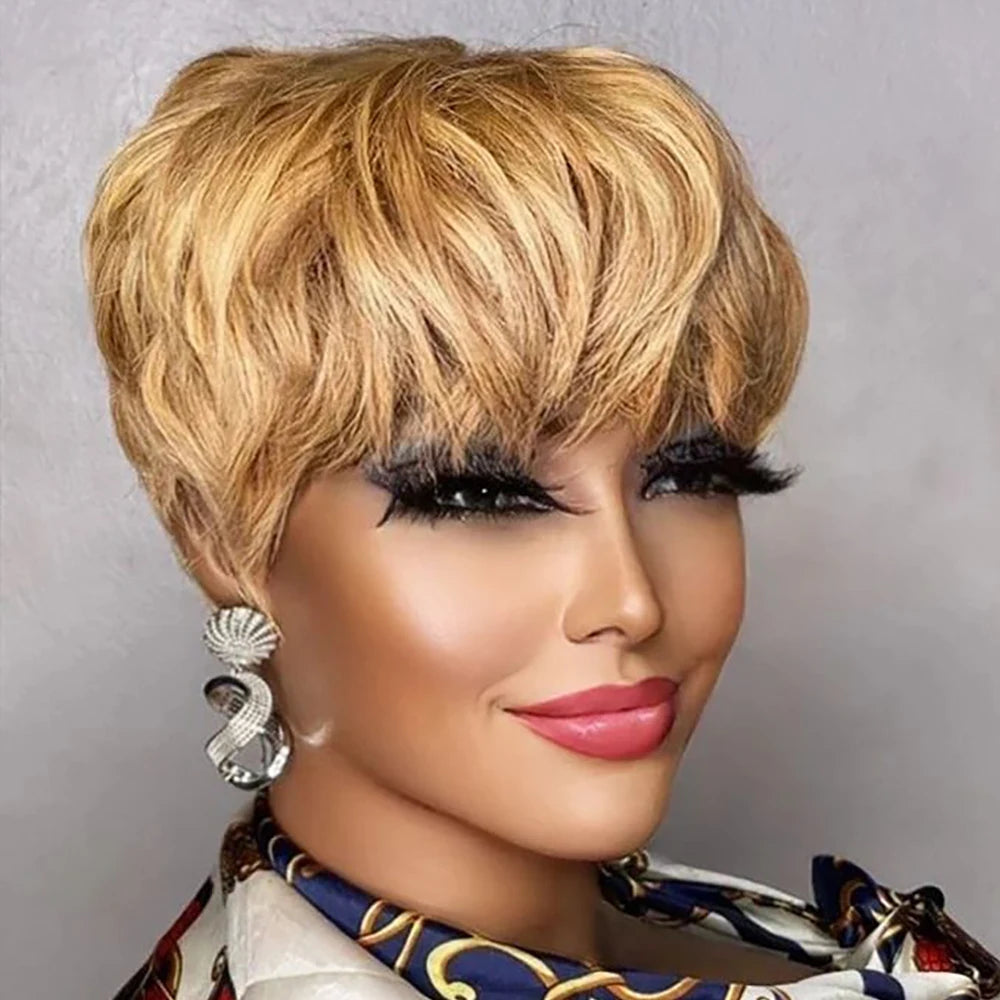 Brown Short Pixie Cut Wig Human Hair For Black Women Machine Made Wigs With Bangs Colored Brazilian Wig Human Hair Wigs