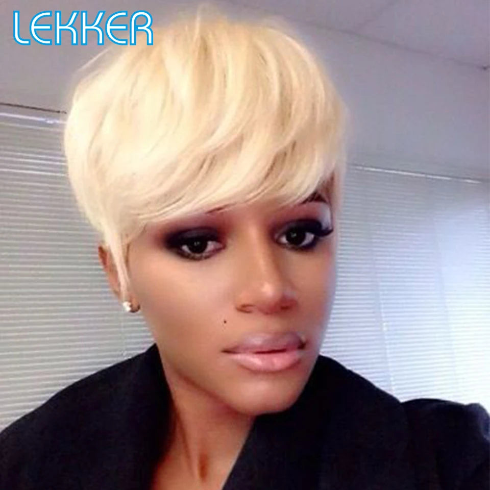 Lekker Highlight Gold Blonde Short Pixie Cut Human Hair Wigs For Women Glueless Brazilian Remy Hair Colored Full Machine Wigs