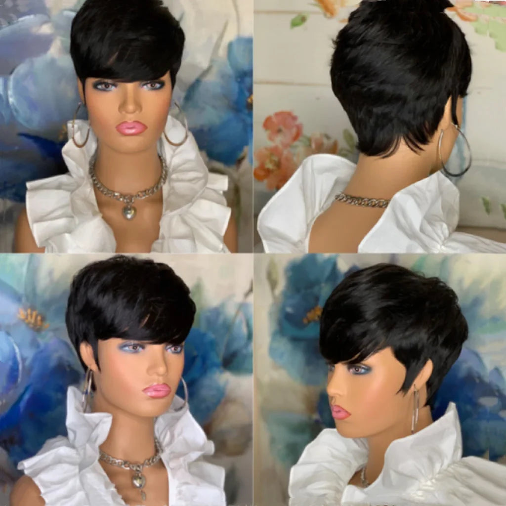 Short Straight Bob Wig Pixie Cut Wig Human Hair For Women With Bangs Brazilian Virgin Hair Non Lace front Cheap Wig Wholesale