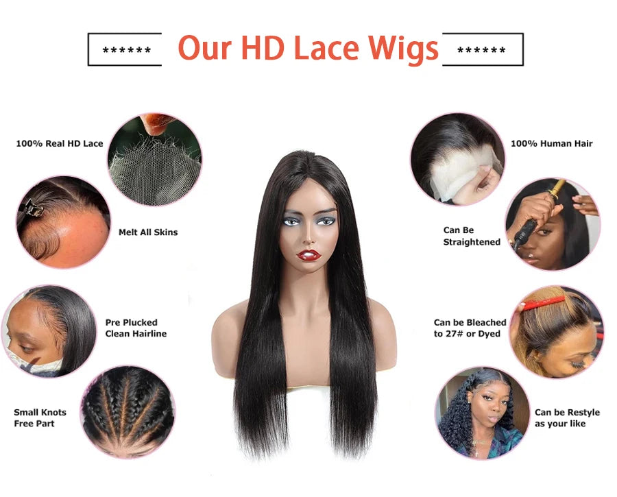 Real HD Lace Frontal Wigs Straight Human Hair Wigs 28 30 Inch Bye Bye Knots Skin Melted Pre Plucked Brazilian Hair For Women