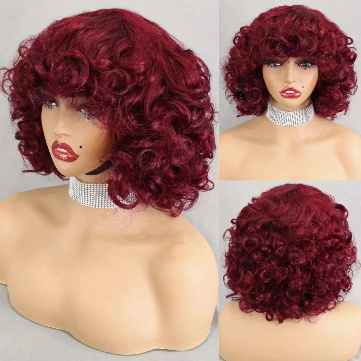 200% Density Brazilian Remy Human Hair Wigs Natural Loose Wave Machine Made Short Bob Wigs Curly Wigs With Bangs For Black Women