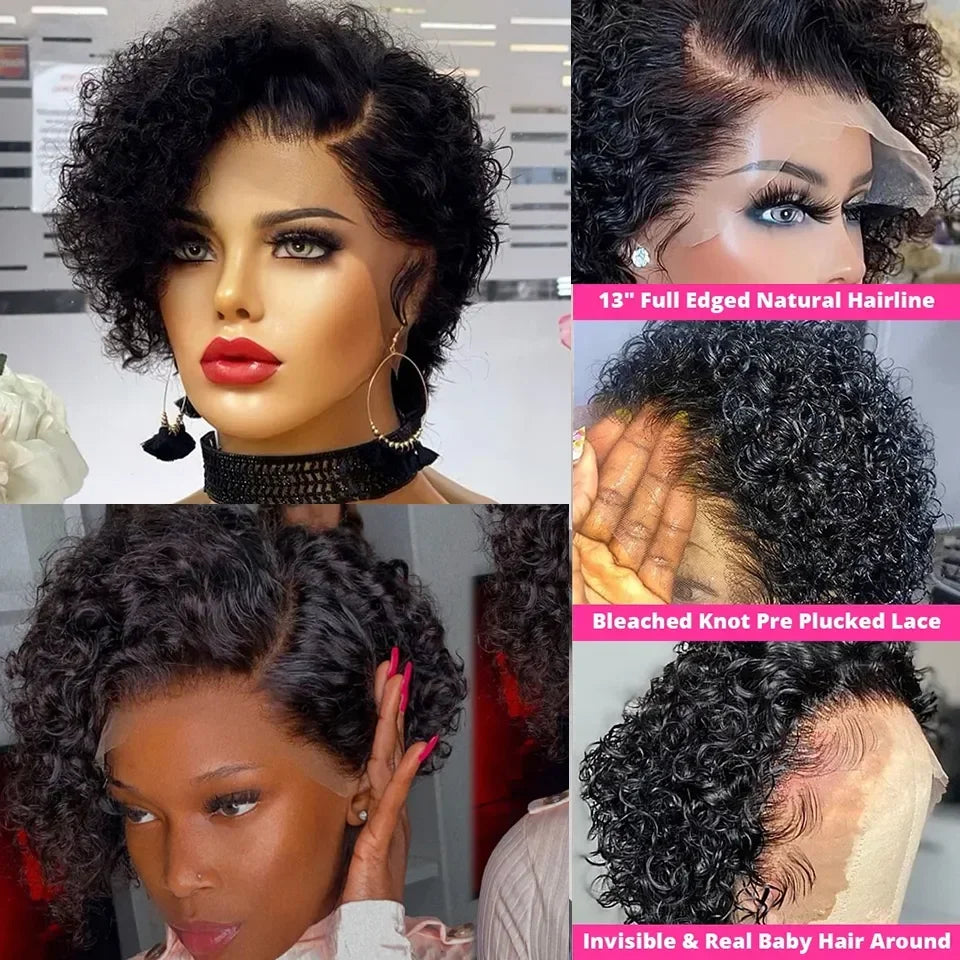 Short Bob Wig Pixie Cut Wig Curly Human Hair Wigs For Women 13x1 Lace Front Wigs Peruvian Deep Wave Lace Wig Preplucked Hairline