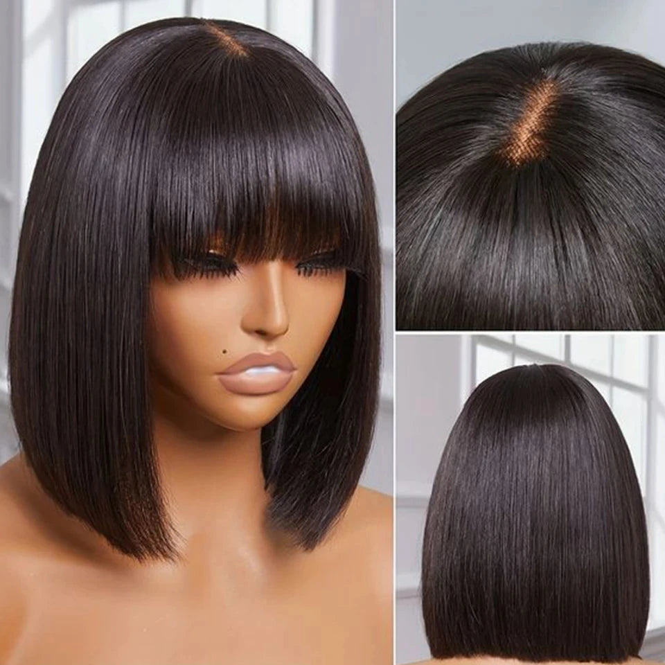 8-14” 180D Ready To Wear Straight Human Hair Bob Wigs With Bangs Fringe Brazilian Realastic Scalp Straight Lace Bob Wigs