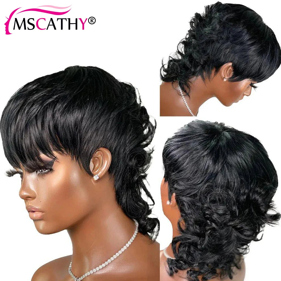 Full Machine Made Dovetail Human Hair Wigs Body Wave Short Pixie Cut Wig With Bangs Glueless Brazilian Remy Hair Wigs For Women