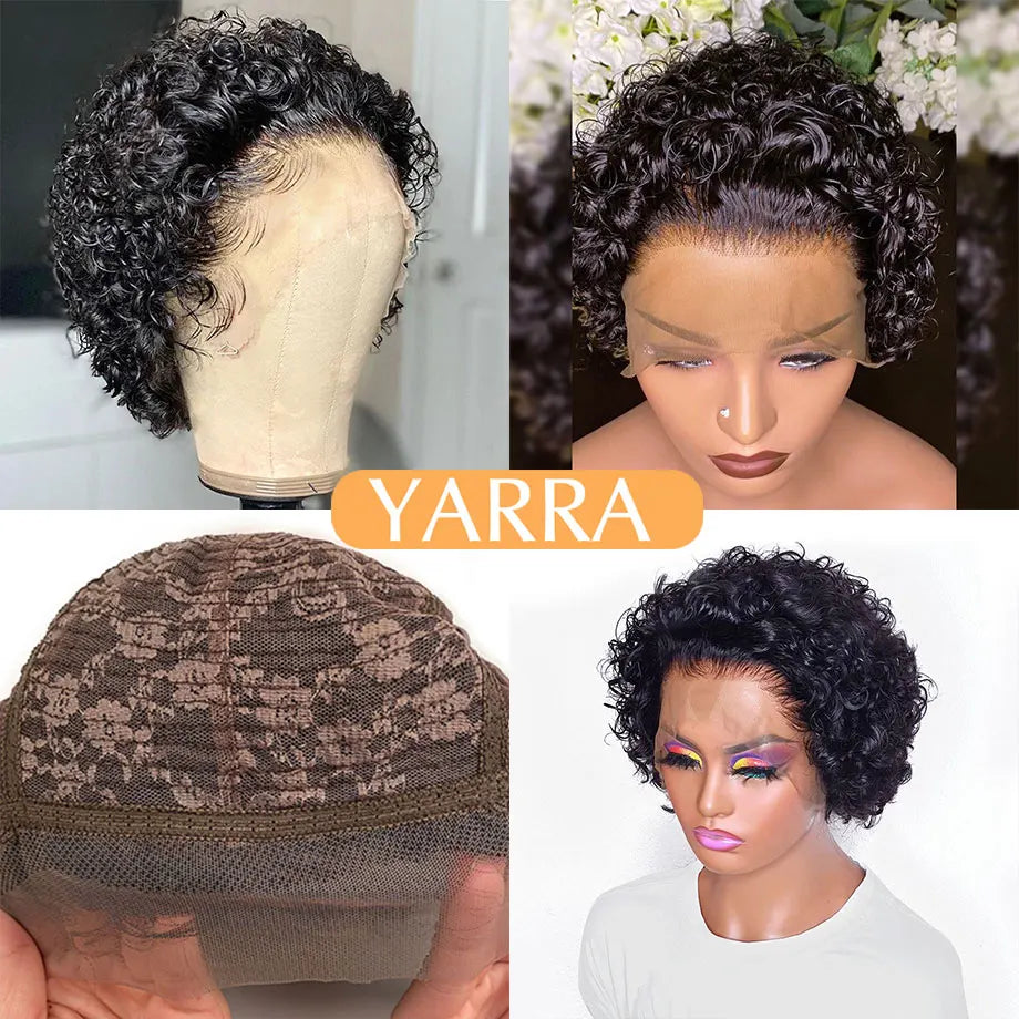 Short Pixie Cut Wig Human Hair 6 Inch 13x1  Brazilian Remy Hair Curly Bob Wig Transparent Lace Wig Preplucked Hairline Yarra