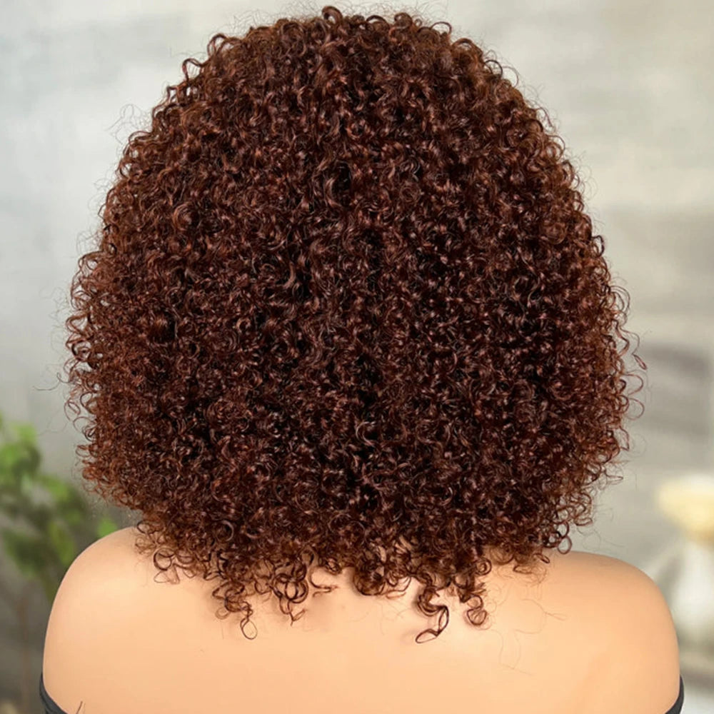 Chocolate Brown Kinky Curly Short Bob Human Hair Wigs With Bang Color #4 Full Machin Made Indian Remy Hair Wig For Black Women