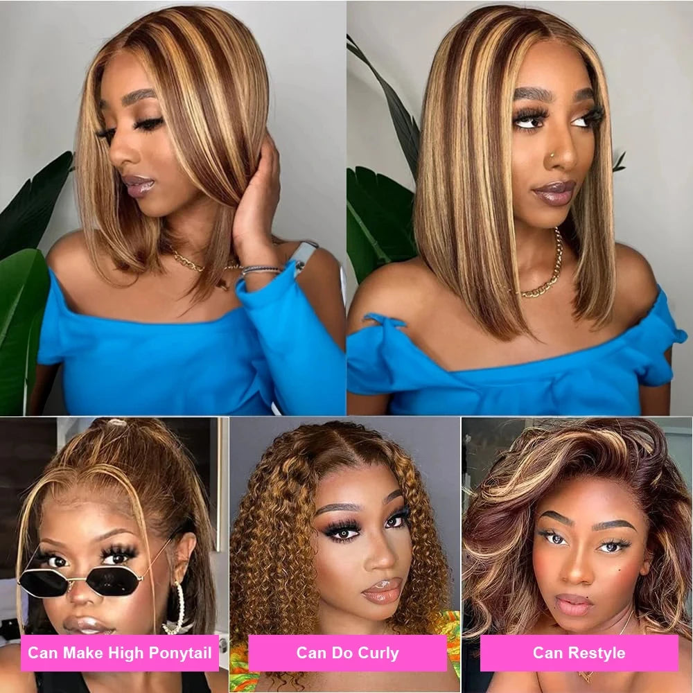 Highlight Wigs Human Hair Straight Bob Wig 4/27 Ombre 13x4 Lace Front Human Hair Wig 100% Remy Hair Pre Plucked Transparent Lace