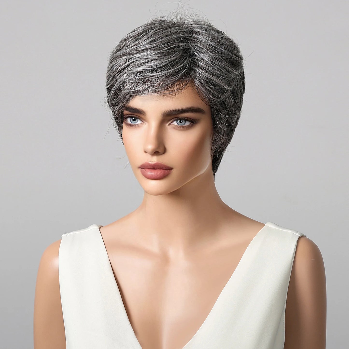 Short Pixie Cut Grey Human Hair Wig 8 Inch Layered Fashion Blend Human Hair Wig for Women Daily Use Hair Machine Made Cheap Wigs