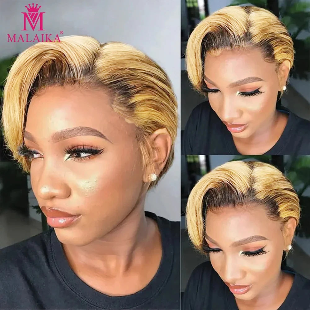 Colored Pixie Cut Remy Human Hair Wig Short Straight Bob 13x4x1 Transparent Lace Ombre Color Wig For Women PrePlucked Cheap Wig