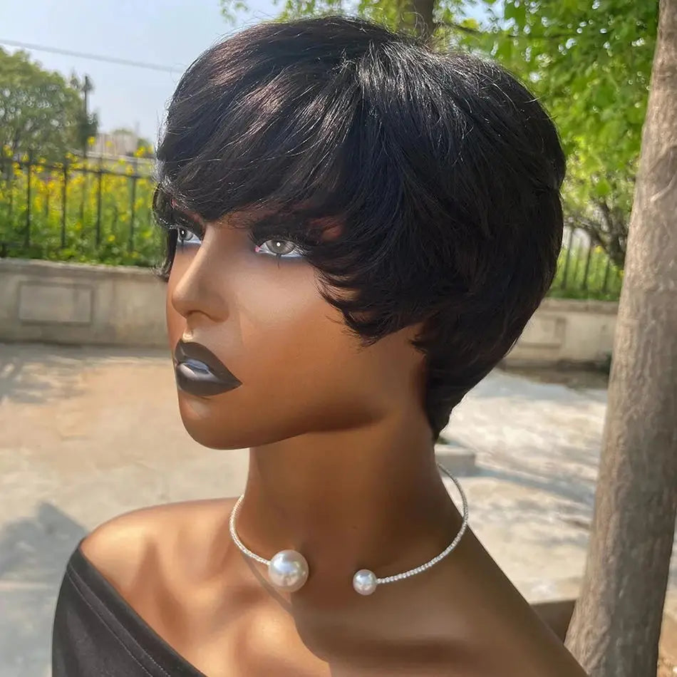 Pixie Cut 100% Full machine Human Hair Wig with Bangs for Women Short Layered Human Hair Brazilian Natural Black Hairs Cheap Wig