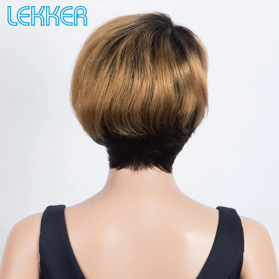 Lekker Highlight Gold Blonde Short Pixie Cut Human Hair Wigs For Women Glueless Brazilian Remy Hair Colored Full Machine Wigs