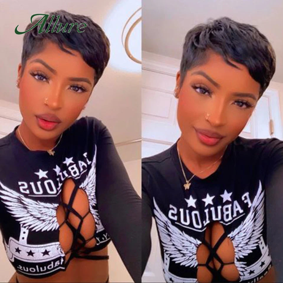 Short Pixie Cut Human Hair Wigs Natural Black Colored Hair T Part Lace Wig Brazilian Cheap Blonde 613 Ombre Remy Hair Wig Allure