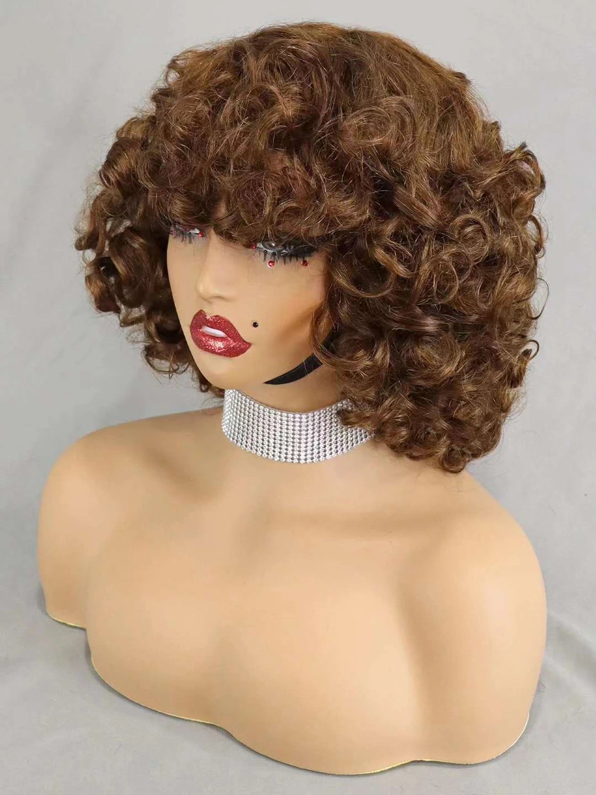 200% Density 99J# Burgundy Bouncy Curly Human Hair Wigs with Bangs Short Machine Made Loose Curly Bob Wigs PrePlucked for Women