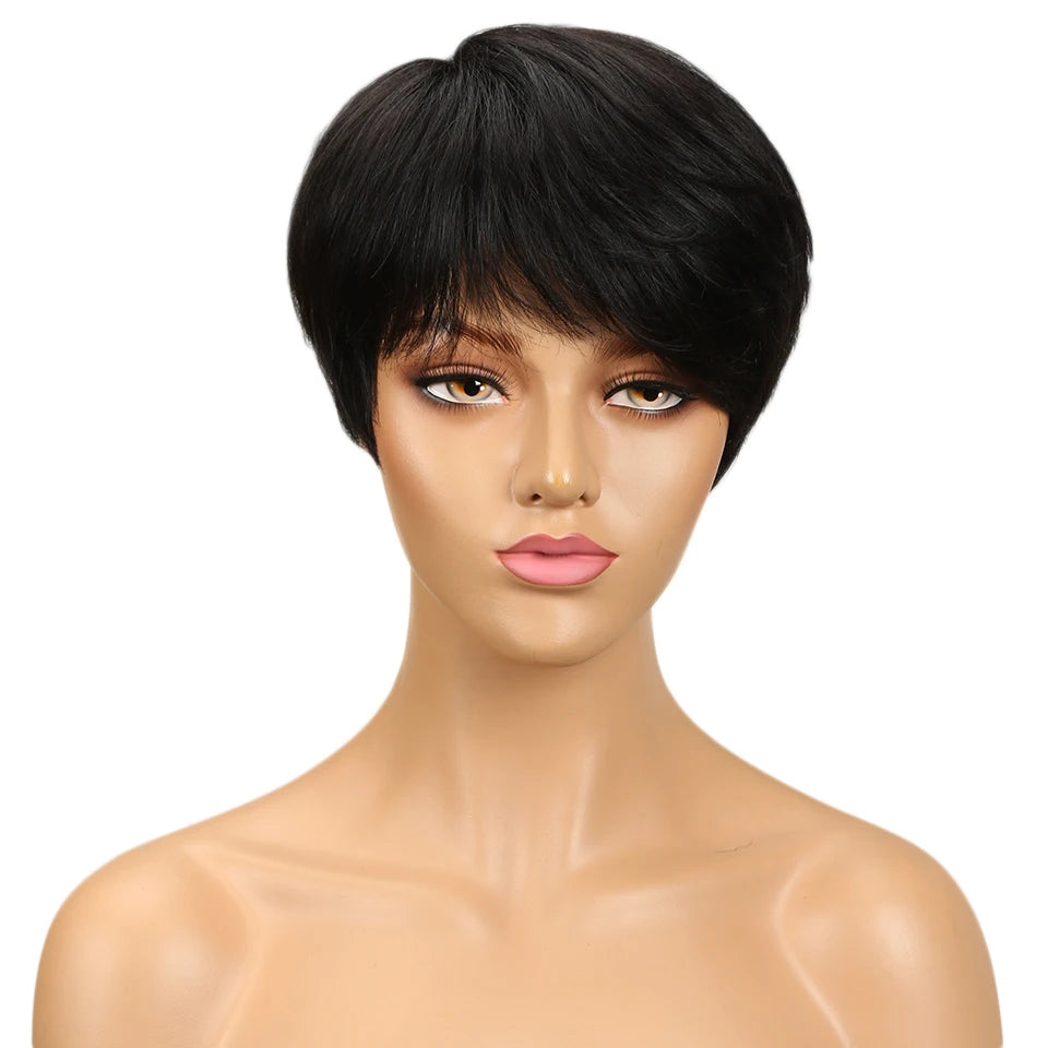 Lekker 99J Burg Red Short Pixie Cut Human Hair Wigs With Bangs For Women Brazilian Remy Hair Colored Straight Bob Full Machine