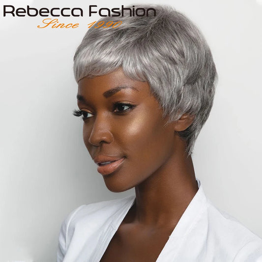 Rebecca Grey Colored Short Straight Bob Pixie Human Hair Wig With Bangs Fringe For Women Brazilian Remy Hair Gray Bob Wigs