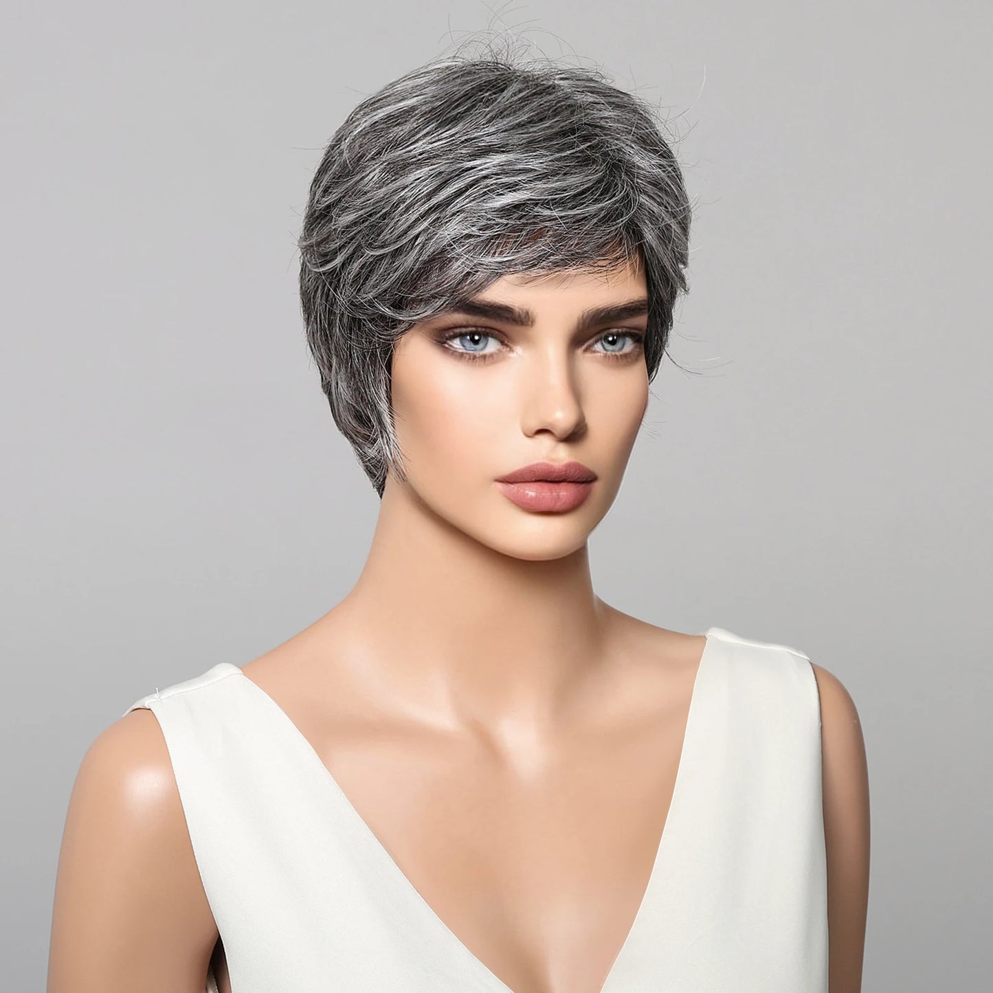 Short Pixie Cut Grey Human Hair Wig 8 Inch Layered Fashion Blend Human Hair Wig for Women Daily Use Hair Machine Made Cheap Wigs