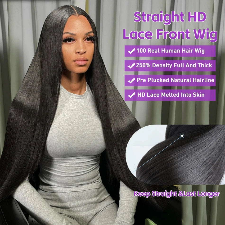 30 40Inch Bone Straight 13x6 HD Transparent Lace Front 100% Human Hair Wigs 250 Density 13x4 Lace Frontal Raw Hair Wig For Women